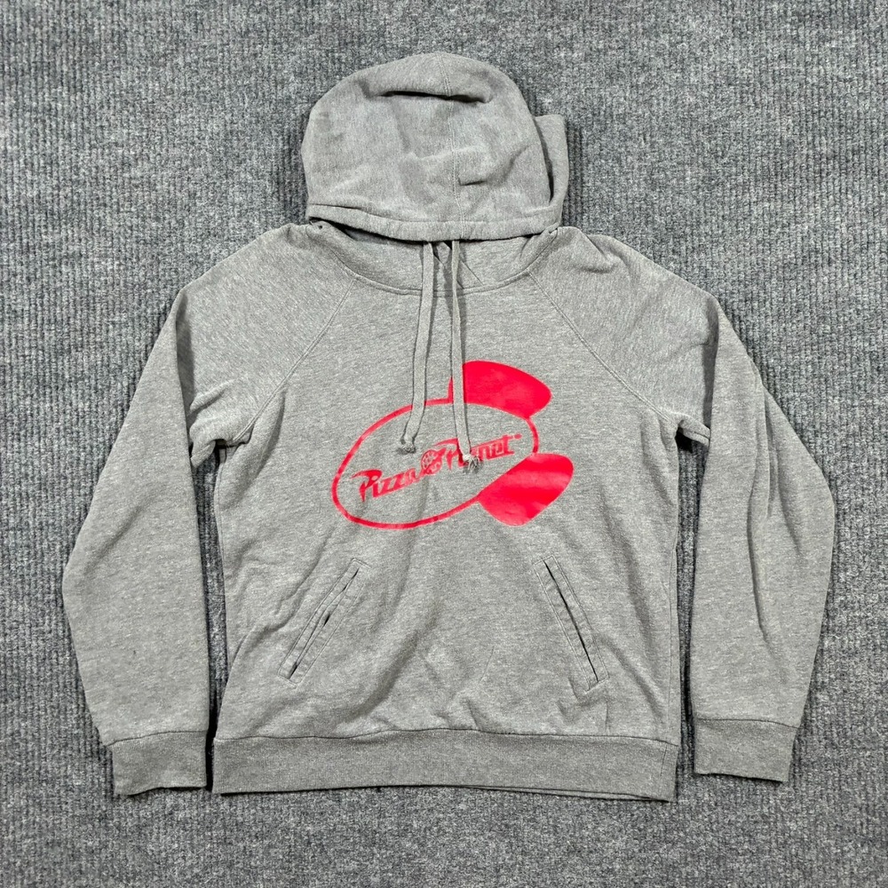 Disney Pixar‎ Womens Hoodie Medium Gray Pullover Sweatshirt Pizza Planet Graphic